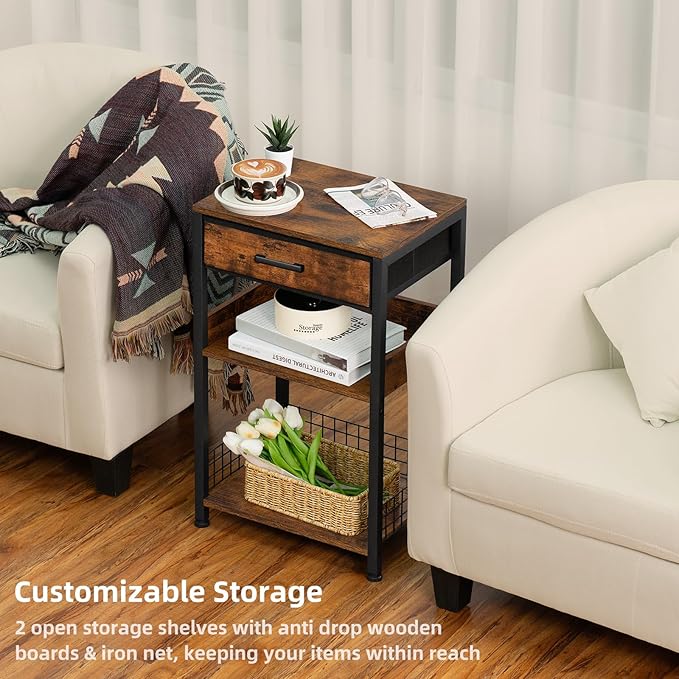 Lerliuo End Table with Fabric Drawer, 3 Tier Industrial Wood Side Table with - Image 5