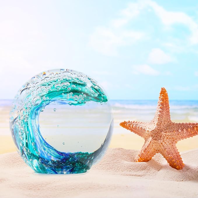 Qianwei Ocean Waves Hand Blown Glass Decor Crystal Ball Sea Figurines Gifts | - Image 4