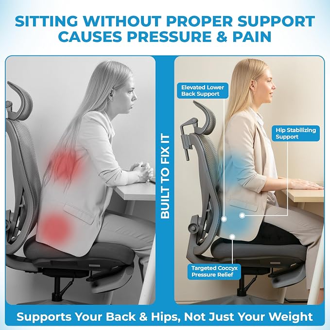 Seat Cushion, for Office Chairs, Coccyx & Tailbone Pain Relief, Ergonomic Design - Image 3