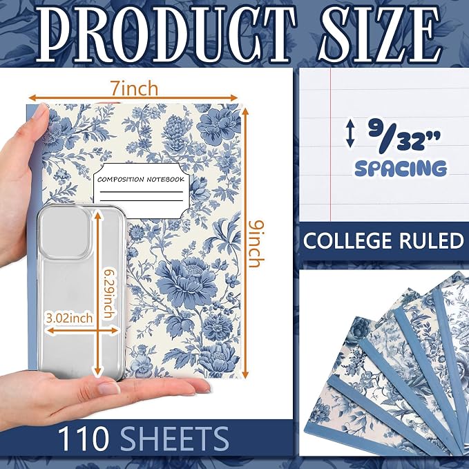 Harloon 6 Pack Composition Notebooks College Ruled Bulk Vintage Blue Flower - Image 2