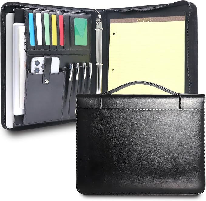 Faux Leather Portfolio with Handle – 3-Ring Padfolio Organizer by FORTAVEM