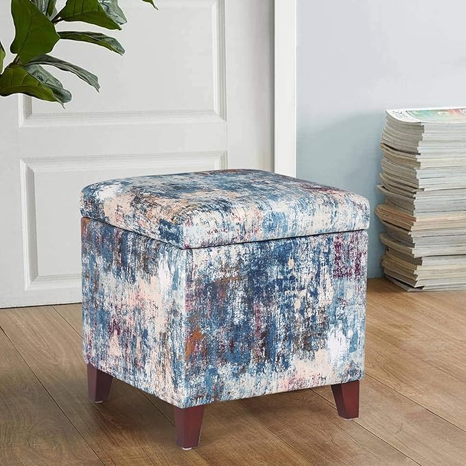 Adeco 18 Inch High Cube Ottoman Storage, Linen Chair Foot Stools, Upholstered Vanity Stool with Hinged Lid, Solid Wood Legs-DeskLoop Office