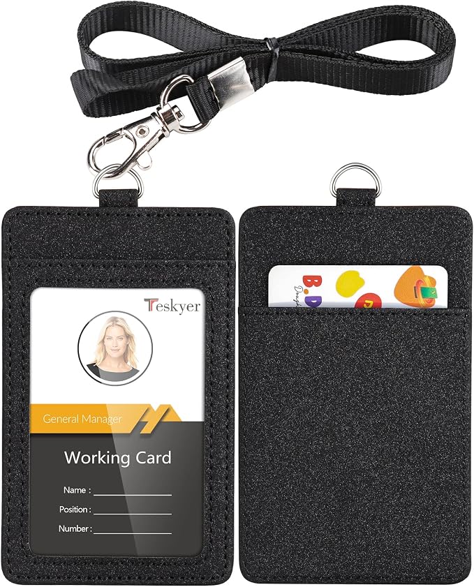 Teskyer Badge Holder with Lanyard, Leather ID Name Badge Card Holder with by TESKYER