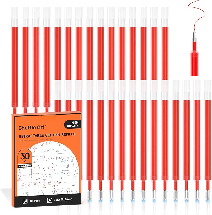 Retractable Gel Pen Refills, Shuttle Art 30 Pack Red Rollerball Gel Ink Pens by ShuttleArt