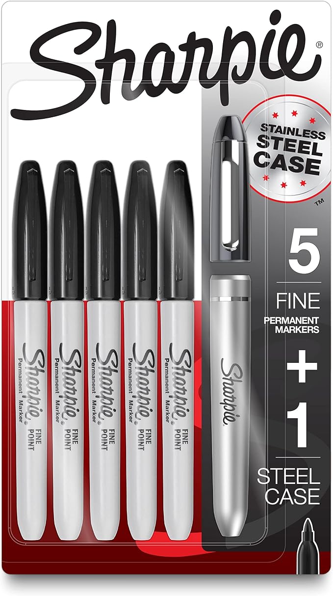 Sharpie Permanent Markers with Stainless Steel Marker Case Fine Point Black 6 by Unknown