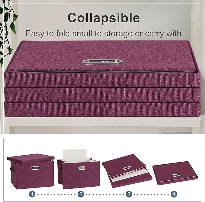 Large 17" 36 Quart Collapsible Stackable Storage Bins with Lids, 3 Packs Purple Linen Fabric Closet Boxes with Lids, Storage Cube Baskets Container Organizers for Bedroom Office (17x12x11)-DeskLoop Office
