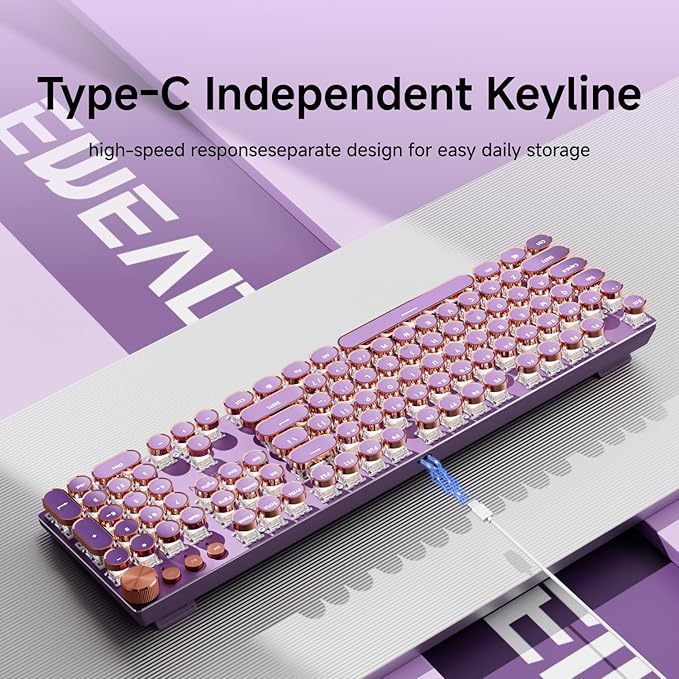 EWEADN Typewriter Style Mechanical Gaming Keyboard, Wired Mechanical Keyboards,104 Keys Backlit LED Keyboards, Media Control Knob, Wired Computer Keyboard Pink Switch for Windows/Mac/PC-Purple-DeskLoop Office
