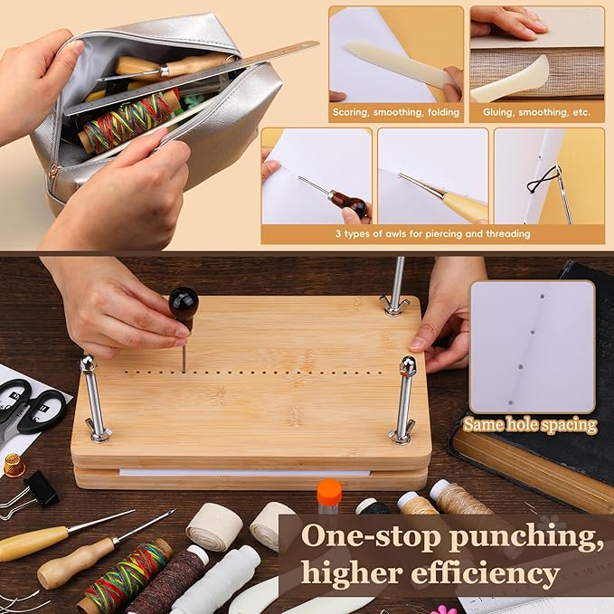 JUPEAN Bookbinding Kit, Book Making Kit, Bookbinding Punching Guide Set, 11.6”x7.9” Hole Punching Book Press Books Binding Materials with Bone Folder Awl Binding Strap for Craft DIY-DeskLoop Office