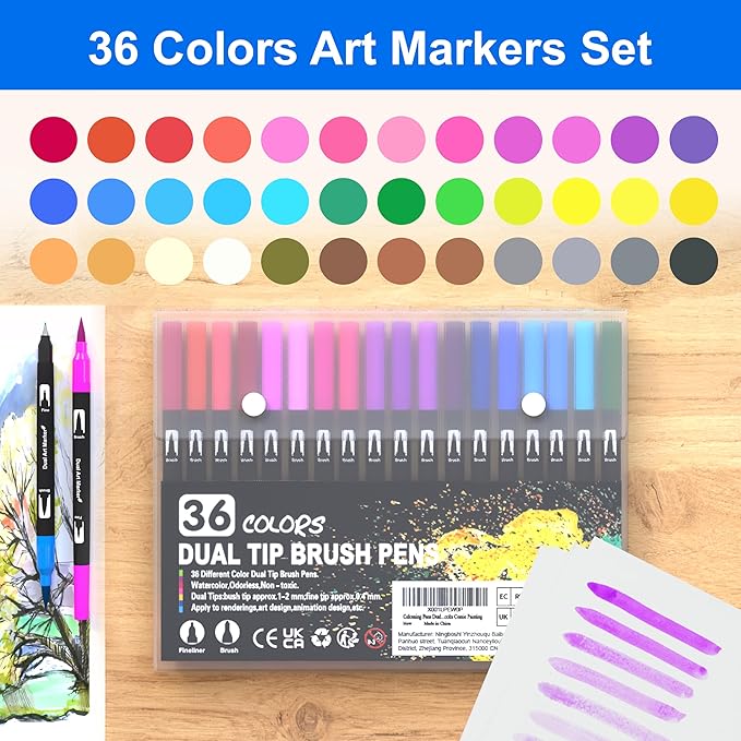 Dual Brush Marker Pens, 36 Colors Art Markers with Fine and Brush Tip Coloring Markers for Adults, Marker for Journaling Calligraphy Drawing Sketching Doodling Illustrating-DeskLoop Office