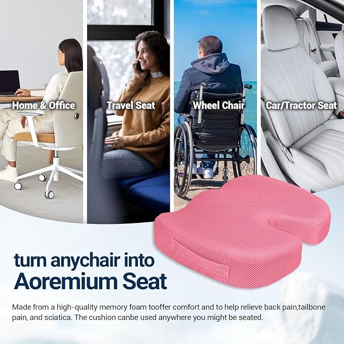 Gel Seat Cushion for Car Office - Memory Foam Pain Relief Chair Pillow Cushions - Tailbone Sciatica Coccyx Butt Lumbar Support Pad for Sitting Driving Traveling, Mesh, Pink-DeskLoop Office
