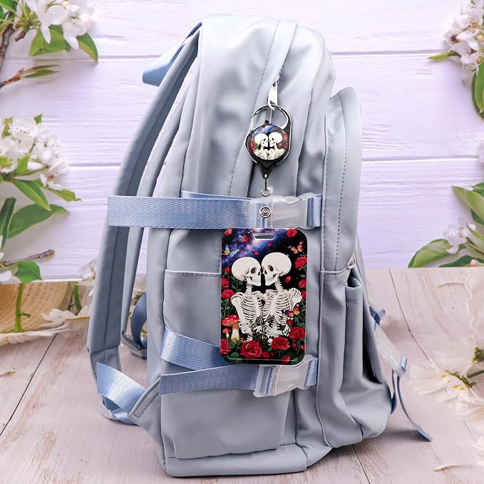 Cool Skeleton Skull ID Badge Holder Cute Rose Keychain Retractable Badge Reel - Image 7