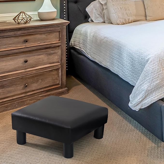 Joveco Small Footstool Ottoman, PU Leather Square Upholstered Footrest with Plastic Legs, Under Desk Foot Stools for Living Room Bedroom Office, Black-DeskLoop Office