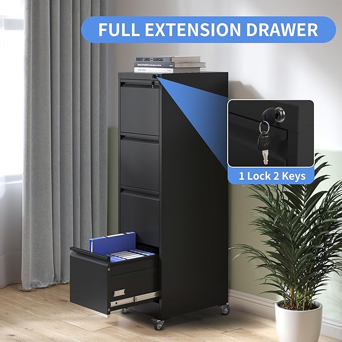 4 Drawer Mobile File Cabinet, Filing Cabinet Home Office for Letter, Legal Size, Black-DeskLoop Office
