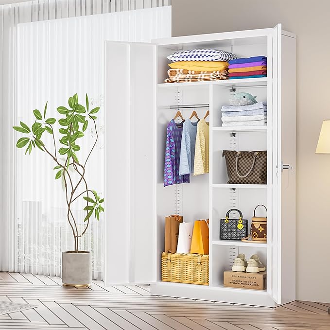 INTERGREAT Metal Storage Cabinet with Lock,White Armoire Wardrobe Closet with Lockable Doors,72" H Storage Closet Cabinets for Home,School,Office,Bedroom-DeskLoop Office