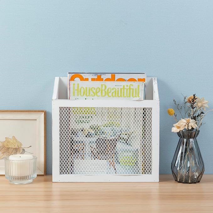 MyGift Rustic Magazine Holder Vintage White Wood and Chicken Wire Design Wall Mounted/Tabletop Mail Sorter, Farmhouse Home, Bathroom, Office Magazine Rack-DeskLoop Office