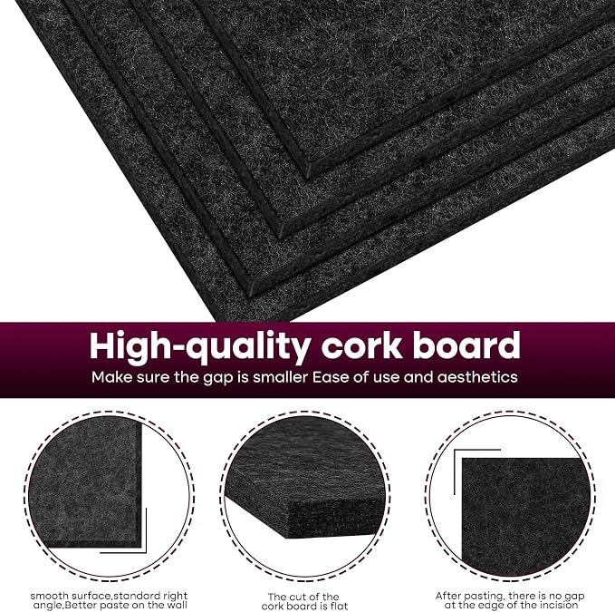 Bouiexye Felt Cork Board Tiles 6 Pack Black Bulletin Boards 12"x12" - Image 3