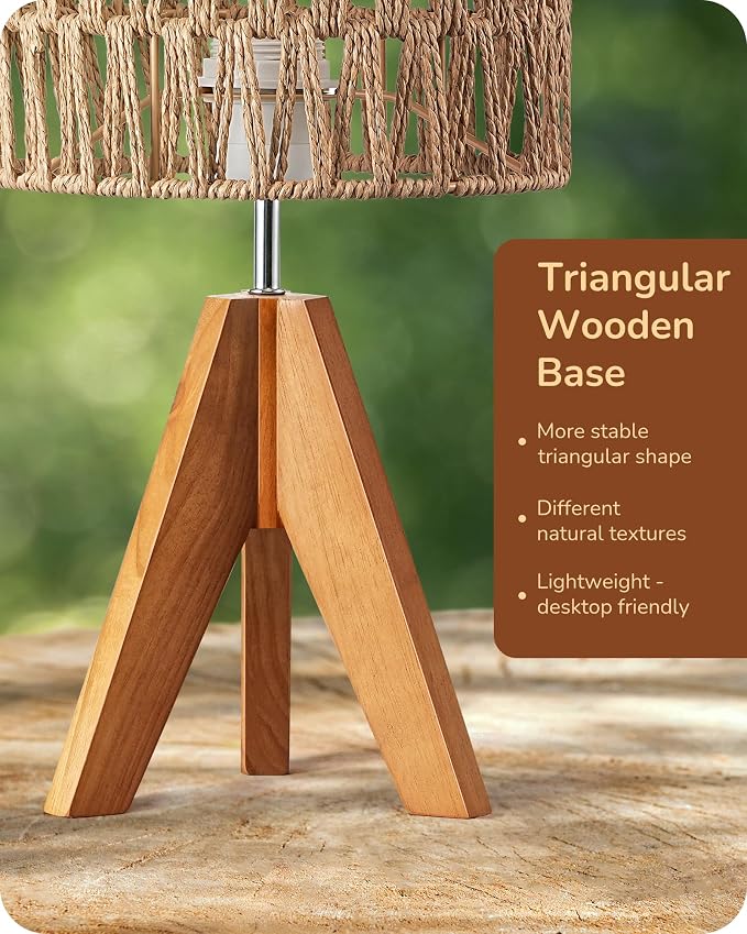 EDISHINE Small Table Lamp, Rattan Wood Tripod Bedside Lamp, Boho Nightstand Lamp - Image 3