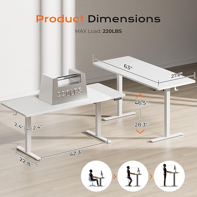 Huuger 63 x 28 Large Electric Standing Desk, Height Adjustable Computer Desk, 27.6" Deep Desktop, Stand up Gaming Office Table with 2 Hooks, 3 Preset Heights, for Home Office, White-DeskLoop Office