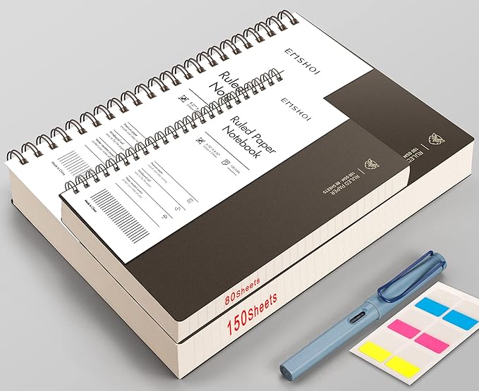 EMSHOI A4 Spiral Notebook, 11.2" X 8.27", College Ruled Lined Journal, 300 Pages/150 Sheets, Easy Tear Perforated Pages, 100gsm Thick Paper, Waterproof Softcover, for School Work Writing-Coffee