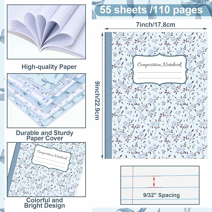 Fullhawl 6 Pack Composition Notebook College Ruled Bulk Blue Bow Composition - Image 2