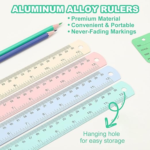 PATIKIL 30cm/12 Metal Ruler, 2 Pack Aluminum Alloy Rulers with Centimeters, Millimeters, Inches and Conversion Table Straight Edge Ruler for Writing Machinist Drafting, Blue Green