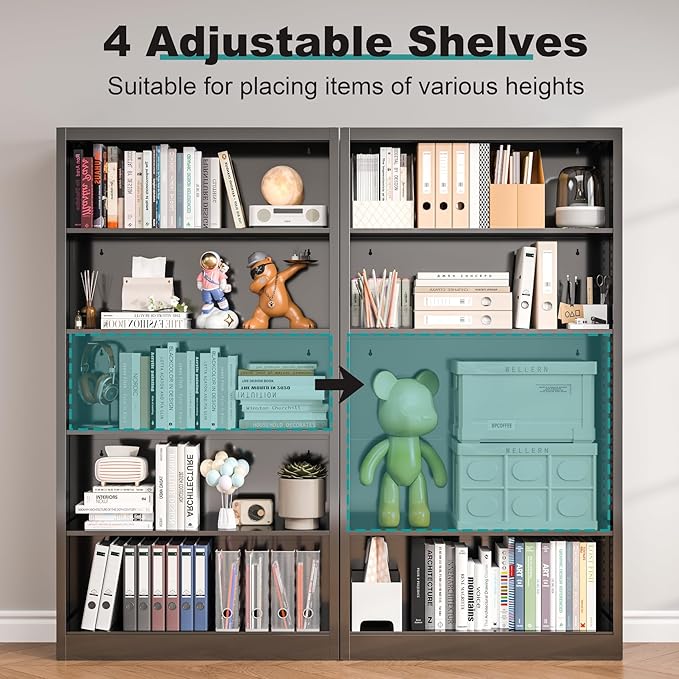 5 Tier Metal Bookshelf, 66" Tall Bookcase, Adjustable Book Shelves, Modern Black Book Shelf Storage Shelves for Bedroom, Living Room, Office, Library, Classroom, School-DeskLoop Office