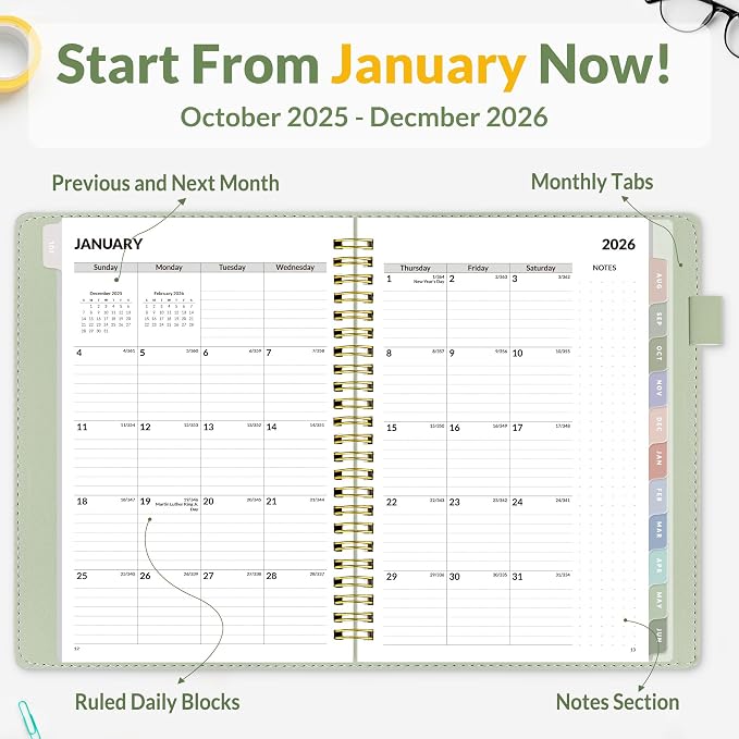 SUNEE 2026 Weekly & Monthly Planner 6.2"x8.5"- 12 Month, Vegan Leather Cover - Image 2