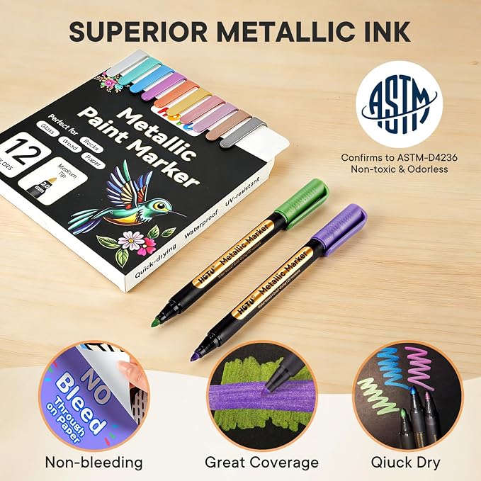 HOTU Metallic Marker Pens, 12 Metallic Paint Markers 2MM Medium Point - Image 6