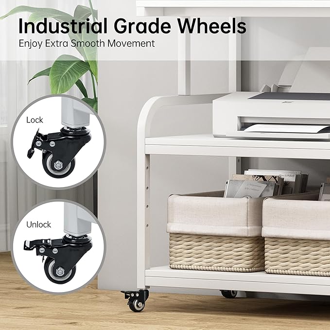 Printer Stand, 32.3" x 18.9" x 32.1" Extra Large Printer Table with Adjustable Storage Shelf, 3 Tier Rolling Printer Cart with Industrial Wheels for Home Office, White-DeskLoop Office