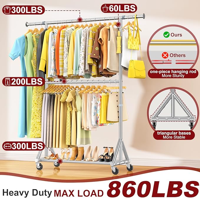 100% Stainless Steel Heavy Duty Clothes Rack Load 860LBS, Rolling Double Rods Clothing Racks for Hanging Clothes, Adjustbale Garment Rack With Sturdy Wheels Shelf, Portable Closet Rack Free Standing-DeskLoop Office