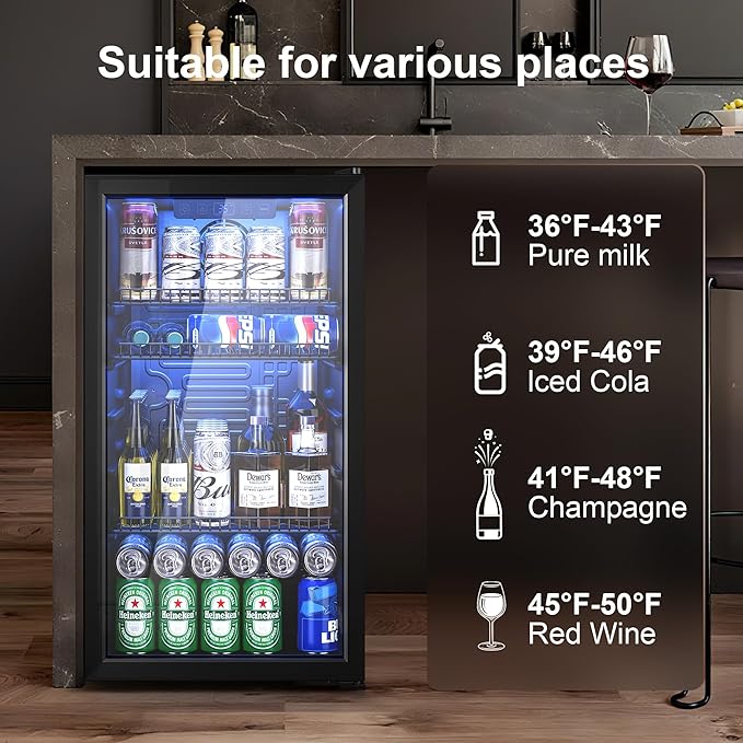 Beverage Refrigerator Cooler, 120 Can Drink Fridge with Glass Door for Soda Beer or Wine, Digital Temperature Control, Mini Fridge for Bedroom, Bar, Office (Black, 3.23 Cu.Ft)-DeskLoop Office