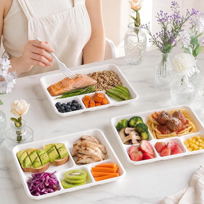 75Pack Compostable 5 Compartment Plates 10.25x8.25 inch Divided Paper Food Trays - Image 6