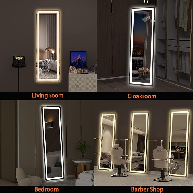 Hasipu Full Length Mirror with Lights, 56" x 16" LED Floor Mirror, Full Body Dressing Standing, Hanging Mounted Mirror for Living Room Bedroom Cloakroom, Round White-DeskLoop Office