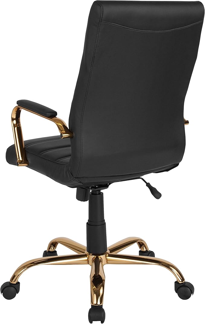 Flash Furniture Whitney High-Back Swivel LeatherSoft Desk Chair with Padded Seat and Armrests, Adjustable Height Padded Office Chair, Black/Gold-DeskLoop Office