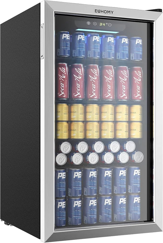 EUHOMY Beverage Refrigerator Cooler, 130 Can Mini Fridge with Glass Door for Soda Beer or Wine, Beverage Cooler for Home, Office, Bar with Adjustable Removable Shelves, Silver-DeskLoop Office