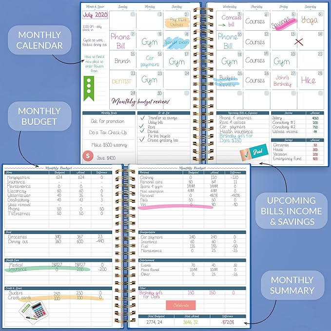 GoGirl Budget Planner & Monthly Bill Organizer – Monthly Financial Book with Pockets. Expense Tracker Notebook Journal, Large (Blue)