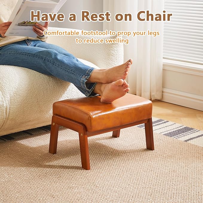IBUYKE 10.2” H Small Foot Stool Ottoman, Rectangle PU Faux Leather Foot Rest with Padded Seat and Wood Legs, Modern Ottoman Foot Rest for Living Room Bedroom Couch Office, Yellowish-Brown WBD013J-DeskLoop Office