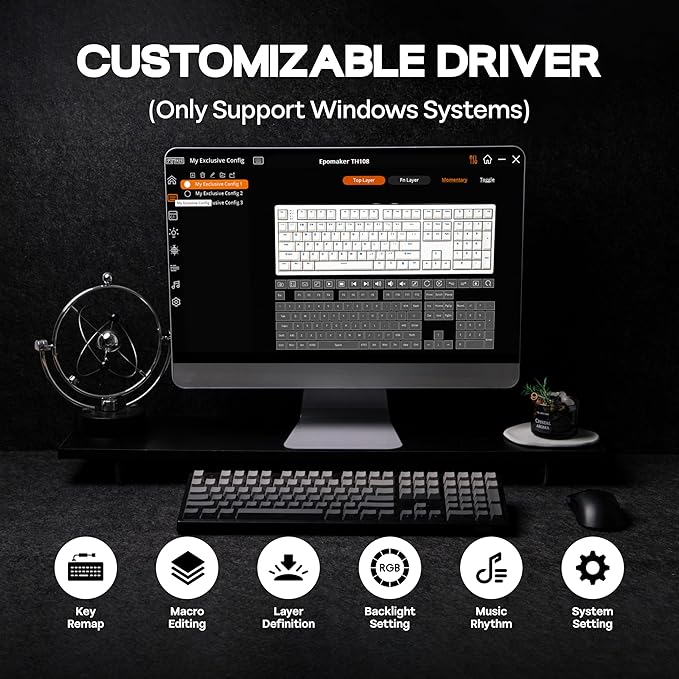 EPOMAKER TH108 Full Size Mechanical Keyboard, Wireless Gaming Keyboard, 8000mAh Battery, Creamy Gasket, 108 Keys, Hot Swap, Custom Driver, RGB Backlights (Black, Creamy Jade Switch)-DeskLoop Office