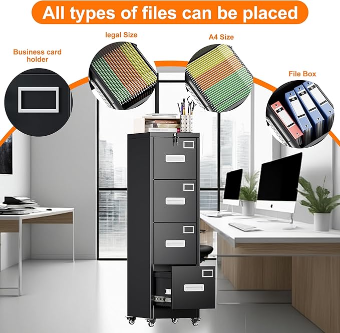 Aobabo 56" H 4 Drawer Moblie File Cabinet with Lock, Metal File Cabinet for Home Office with Wheels, Storage Legal/Letter A4 Size, Black, Assembly Required-DeskLoop Office