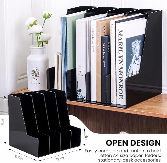 LALOBLUE 4 Pack Black Vertical Magazine File Holder Desk Organizer Bins | - Image 2