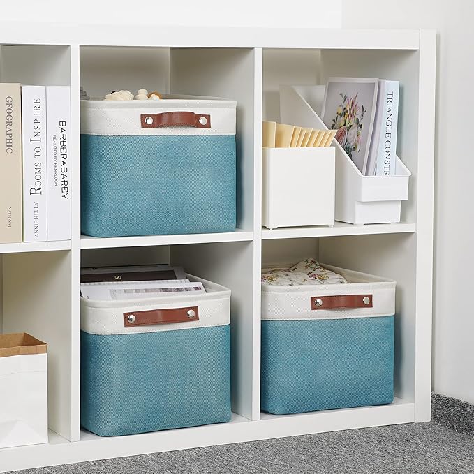 DULLEMELO Storage Baskets for Shelves, Fabric Collapsible Rectangular Storage Bins for Shelves, Closets, Nursery, Home, Empty Gift Baskets (3-Pack Medium-15 inch X 11 inch X 9.5 inch , White&Teal)-DeskLoop Office