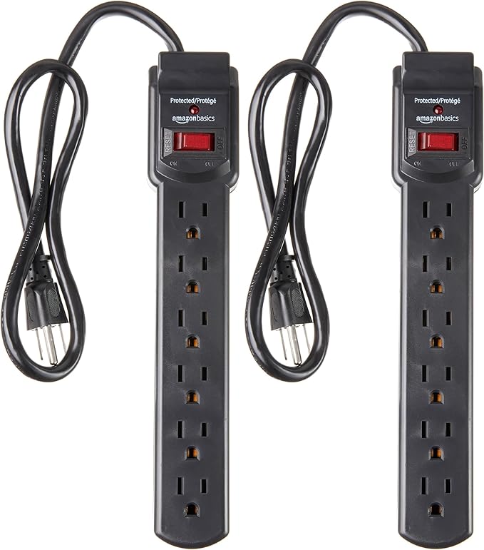 Amazon Basics Surge Protector Power Strip, 6-Outlet with 200J Protection, 2ft Extension Cord, Rectangle, Black (2 Pack)-DeskLoop Office