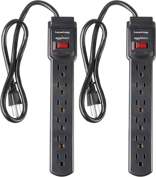 Amazon Basics Surge Protector Power Strip, 6-Outlet with 200J Protection, 2ft Extension Cord, Rectangle, Black (2 Pack)-DeskLoop Office
