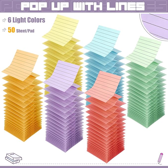 24 Pack Pop Up Sticky Notes 3 x 3 Refills 1200 Sheets Colored Sticky Notes Self Adhesive Memo Pads for Home Office Supplies(Light Colors, Line)-DeskLoop Office