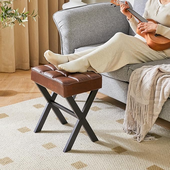 IBUYKE Square Makeup Stool with X-Leg Foot Rest, PU Footrest, Ottoman Seat Vanity Stool, Multi-Use as Small Side Table, for Bedroom, Living Room, Dark Brown LG-71Z-DeskLoop Office