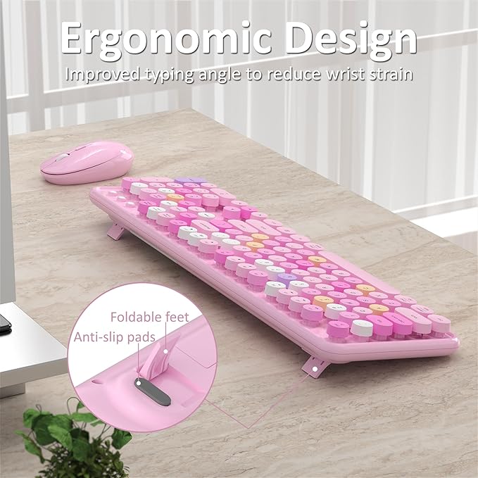 Wireless Keyboard and Mouse, Full-Size Retro Typewriter Keyboard with Round Keycaps, 2.4GHz for Windows, Mac, Laptop, PC, Desktop (Pink Colorful)-DeskLoop Office