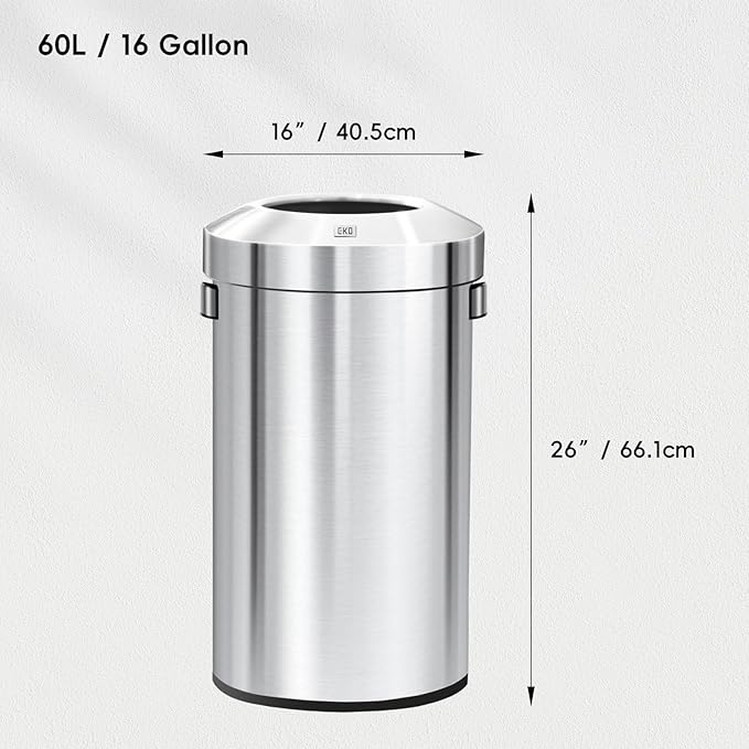 EKO 16-Gallon Round Stainless Steel Open Top Trash Can, Large Commercial Waste Bin with Detachable Lid and Carrying Handle, Brushed Metal Garbage Bin for Home, Office, Restaurant, Restroom-DeskLoop Office