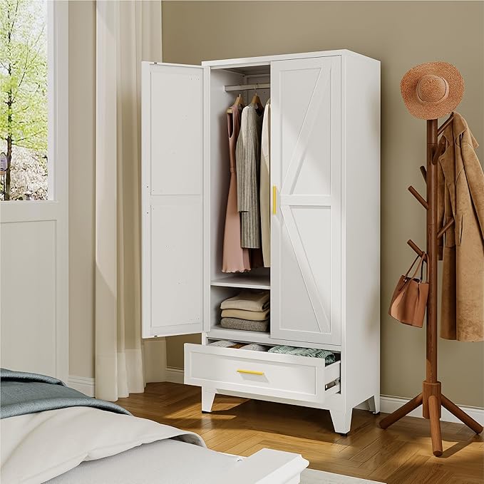 Farmhouse Wardrobe Cabinet with One Drawers,Metal Wardrobe Closet with Hanging Rod,Metal Armoire with Adjustable Shelves for Bedroom,Living Room, Cloak Room,Office (White)-DeskLoop Office