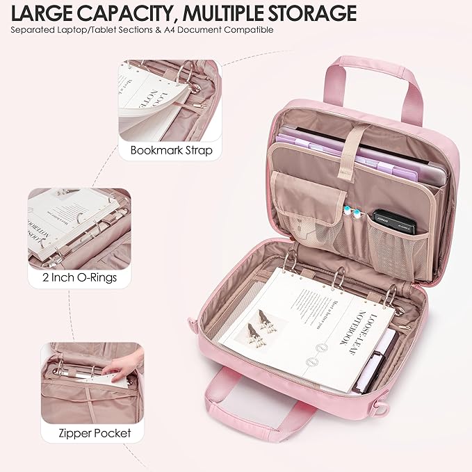3 Ring Zipper Binder, 2 Inch Ring Binder Organizer Bag with Shoulder Strap Fits 13 Inch Laptop and 500 Sheets, Pink (Empty Bag Only)-DeskLoop Office