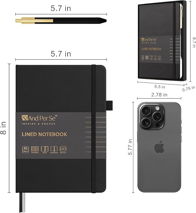 A5 Lined Leather Journal and Pen Set for Women&Men, Gift Box Included, Hardcover Notebook with 160 Pages 100GSM Thick Paper, for Work, Business, School or Home Writing(Black)-DeskLoop Office
